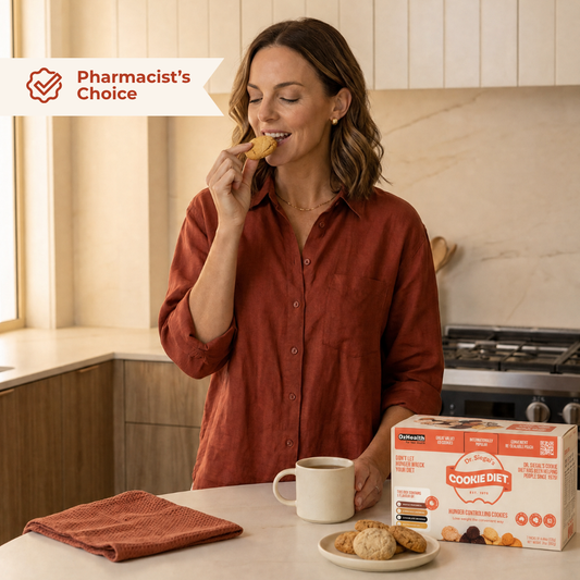 Woman enjoying a Cookie Diet biscuit in a modern kitchen beside the product box